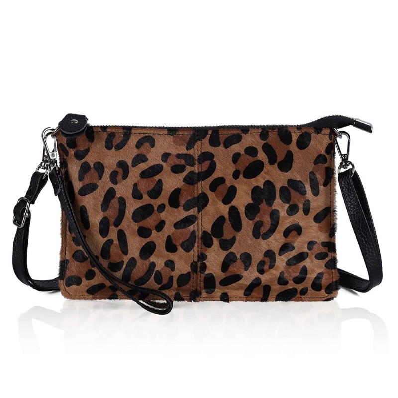 Genuine Leather Wristlet Shoulder Bag Women's Handbag - (Leopard Style)