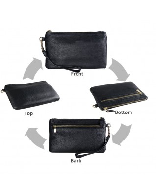 Women's Genuine Leather Wristlet Clutch Wallet - (Black Stripe Pleated)