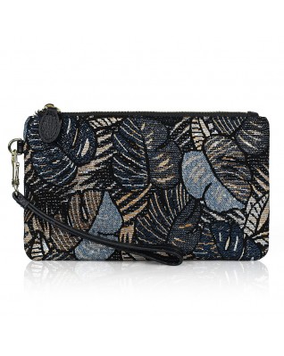 Women's Genuine Leather Wristlet Clutch Wallet - (Black Leaves)