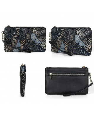 Women's Genuine Leather Wristlet Clutch Wallet - (Black Leaves)