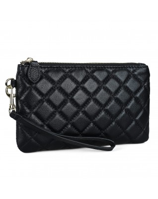 Women's Genuine Leather Wristlet Clutch Wallet - (Black Stripe Pleated)