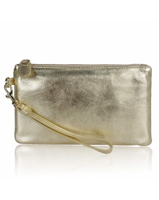 Women's Genuine Leather Wristlet Clutch Wallet - (Gold Zipper)