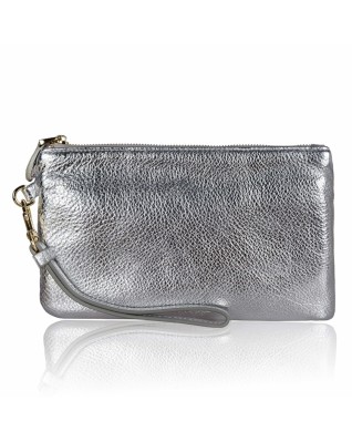 Women's Genuine Leather Wristlet Clutch Wallet, - (Silver Style)